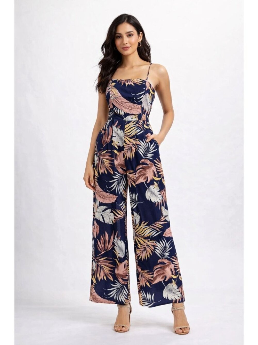 Papaya Jumpsuit Women Medium Navy Blue Leaf Print Sleeveles Back Tie